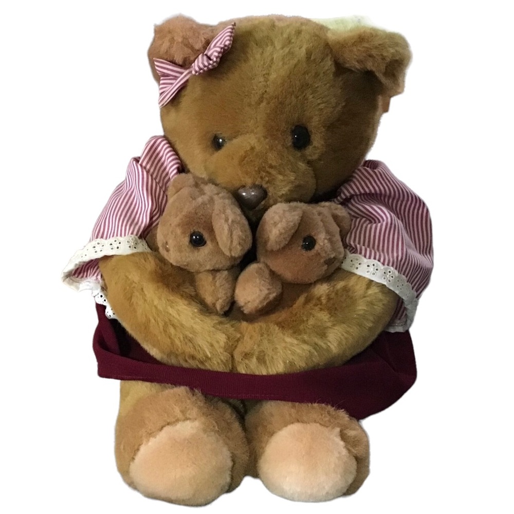 Vintage Love Land Mama Bear Cubs Stuffed Animal Plush Corduroy Dress 1984